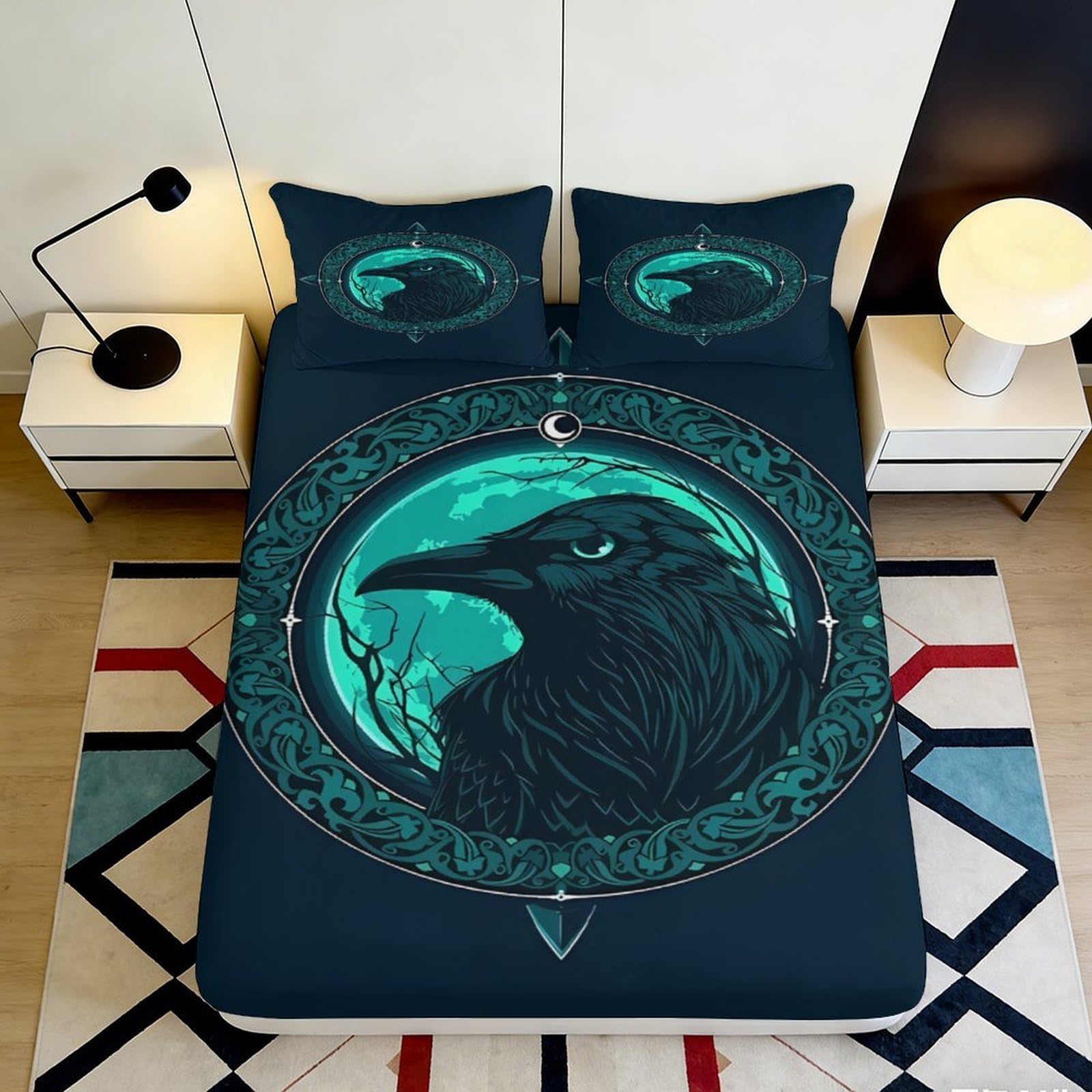 Dhbaneiok Style-4 3D Printed Raven Mandala Fitted Sheet Microfiber Soft Breathable Gothic Crow Mattress Cover For Bedroom Dorm Bed Decor 90X200x25cm