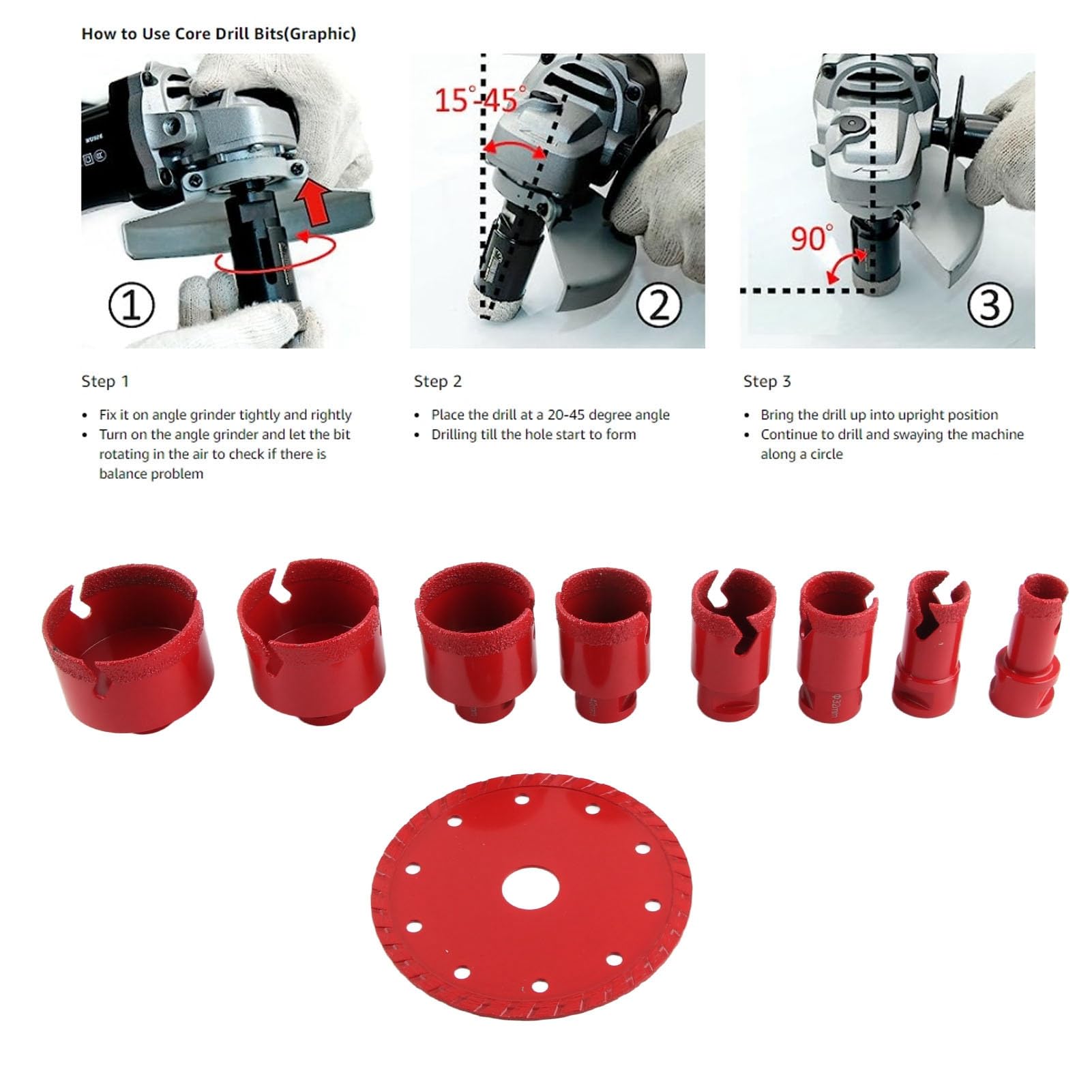 Juego de sierras perforadoras de diamante, 8 piezas de 20 mm a 68 mm con muela abrasiva de 125 mm, rosca M14 para amoladoras angulares para dar forma y biselar en