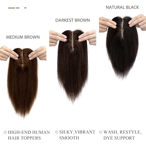 Miniatura 100 de Hairro 100% Real Human Hair Toppers for Women No Bang, Clip in Real Hairpieces, Breathable Silk Base for Covering Greyish Thinning Hair Loss on Top