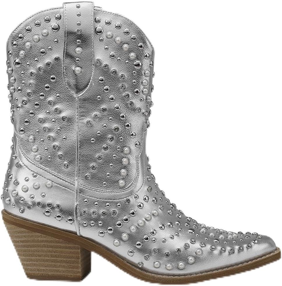 Women's Studded Rhinestone Pearl Western Boots Mid-Calf Boots Cowgirl Boots Ankle Boots Pointed Toe Boots Stacked Heel Boots