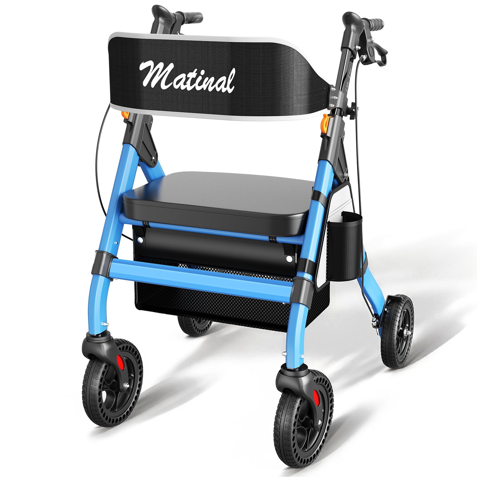 Andador de exterior con asiento para personas mayores, andador plegable con neumáticos de goma maciza para cualquier terreno, ruedas grandes de 8 pulgadas, andadores de aluminio ajustables en