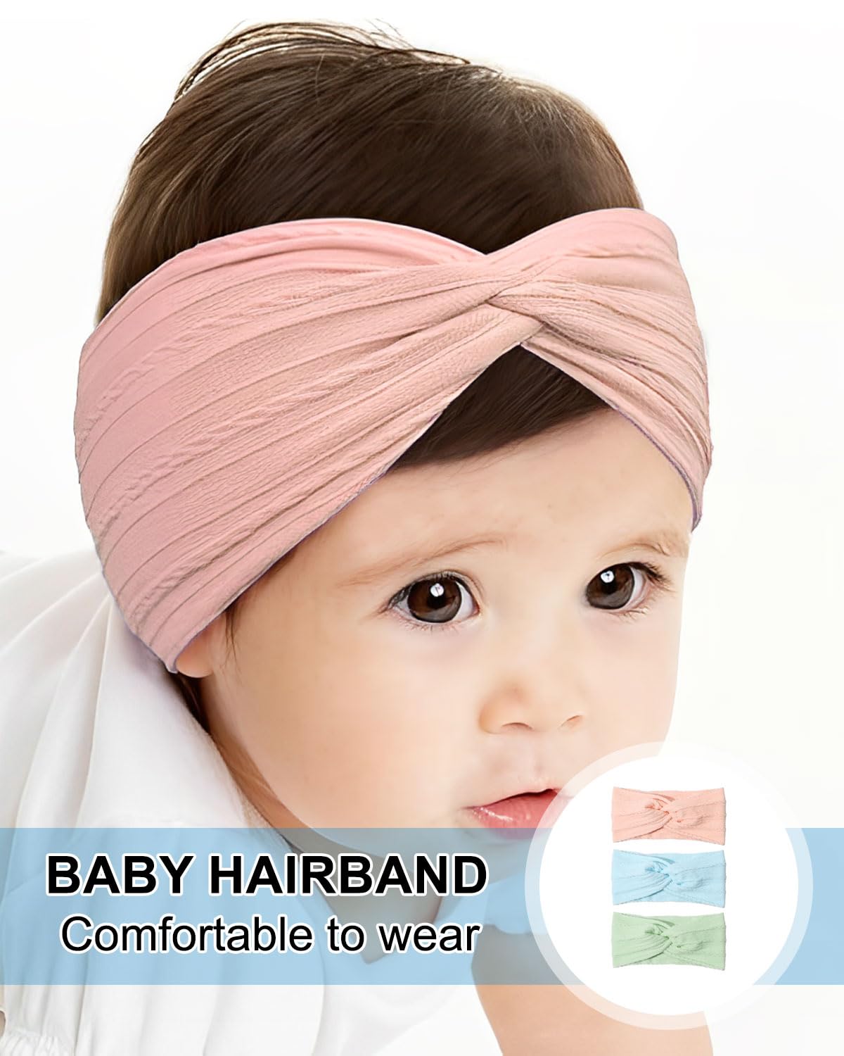 Lot de 3 bandeaux pour bébé fille, bandeau bebe fille 0-3 mois，bandeaux en pour bébé, doux et mignons (bleu + rose clair + vert)