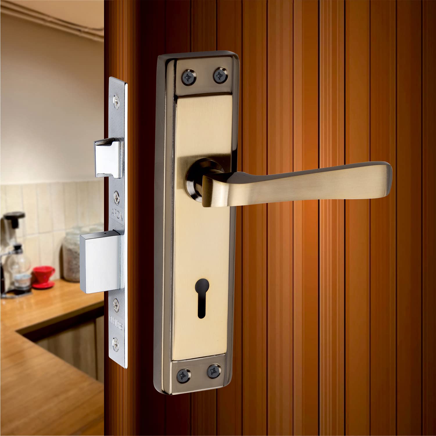 AFON 7 inches Mortise Iron Handle Set with Lock Body | Black Gold Finish | 3 Keys | 6 Lever 65 mm Double Turn Lock Set for Door, (MH-324-KY-BG) (B0BHR4QP4L) Amazon Price History, Amazon Price Tracker