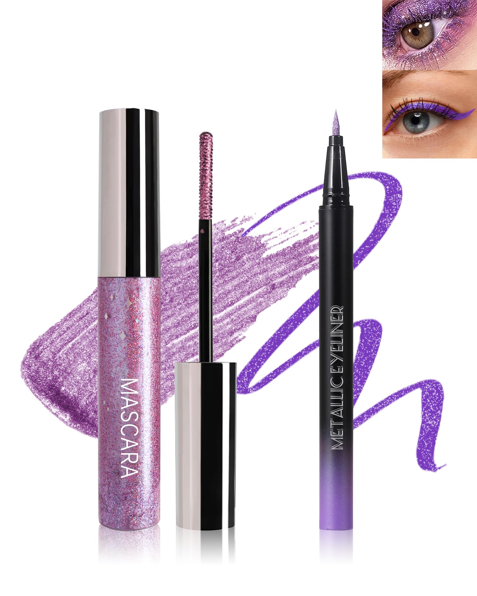 Glitter Purple Mascara and Liquid Eyeliner Set, Purple Makeup for Halloween Glitter Metallic Purple