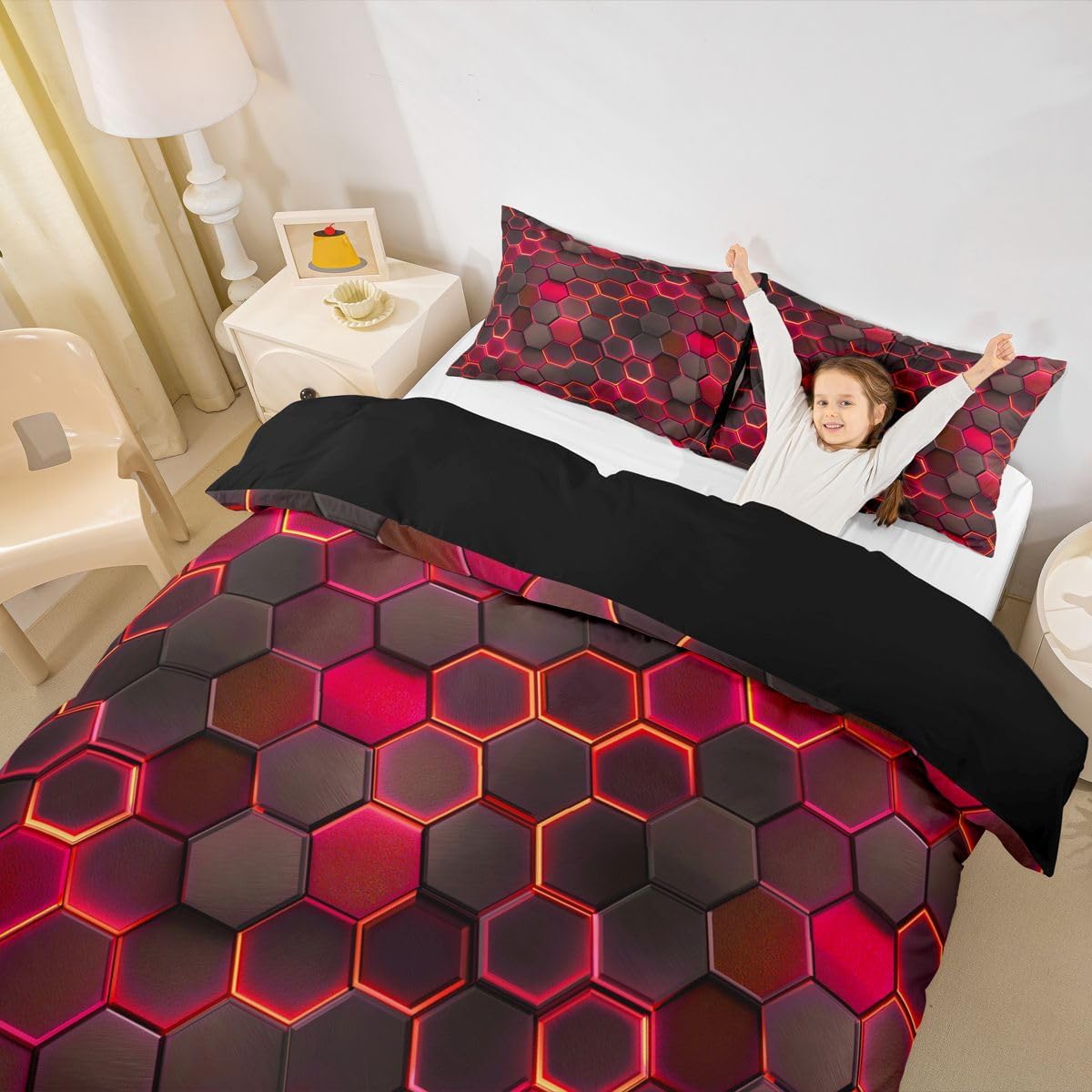 Castle Fairy 3D Honeycomb Bedding Sets Toddler Size,Geometric Block Duvet Cover Set 2Pcs for Kids Boys Adult Room Decor,Neon Red Comforter Cover Modern Quilt Cover,1 Pillowcase image 5