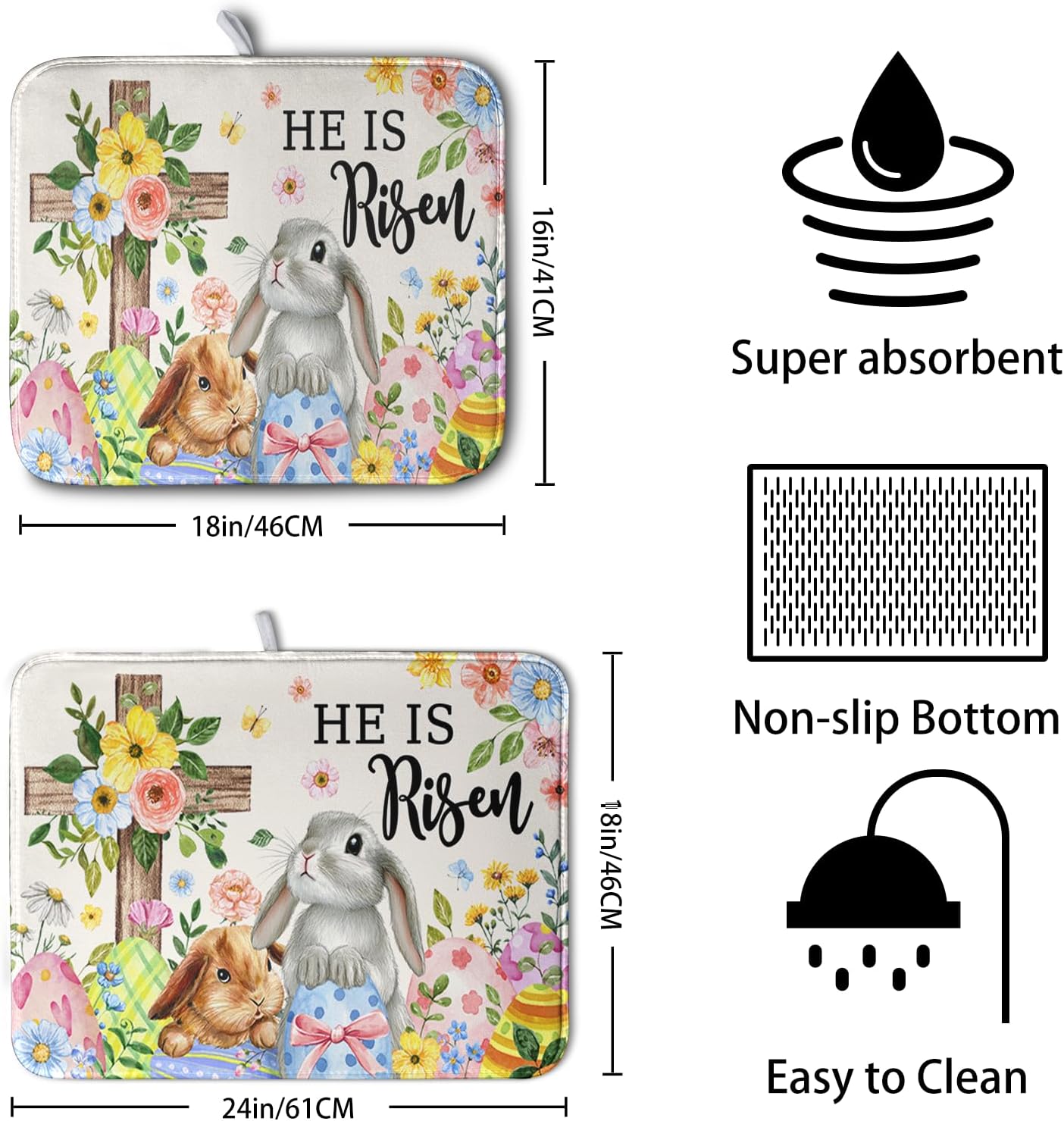 He is Risen Easter Dish Drying Mat for Kitchen Counter Bunny Floral Cross Dish Drainer Mats Spring Rabbit Flowers Egg Dish Drying Pads Absorbent Microfiber Reusable Dish Rack Mat 18x24 Inch image 2