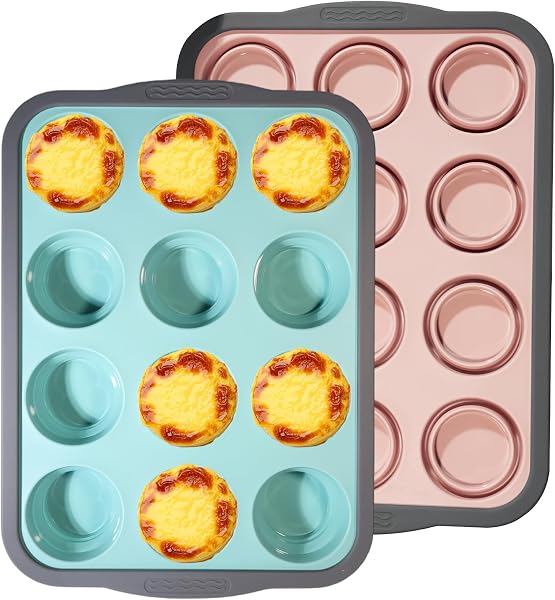 Valyrane 2 Pièces Moule à Muffins – Moule en Silicone pour 12 Muffins, Moules Silicone Muffin avec Structure Métallique, Idéale pour Cupcakes, Brownies et Puddings - 1