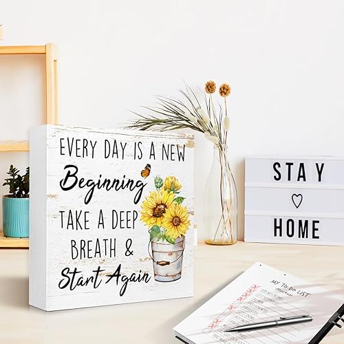 Miniatura 3 de Every Day Is A New Beginning Letrero divertido de verano inspirador de girasoles para decoración de escritorio, caja de madera, escritorio retro de