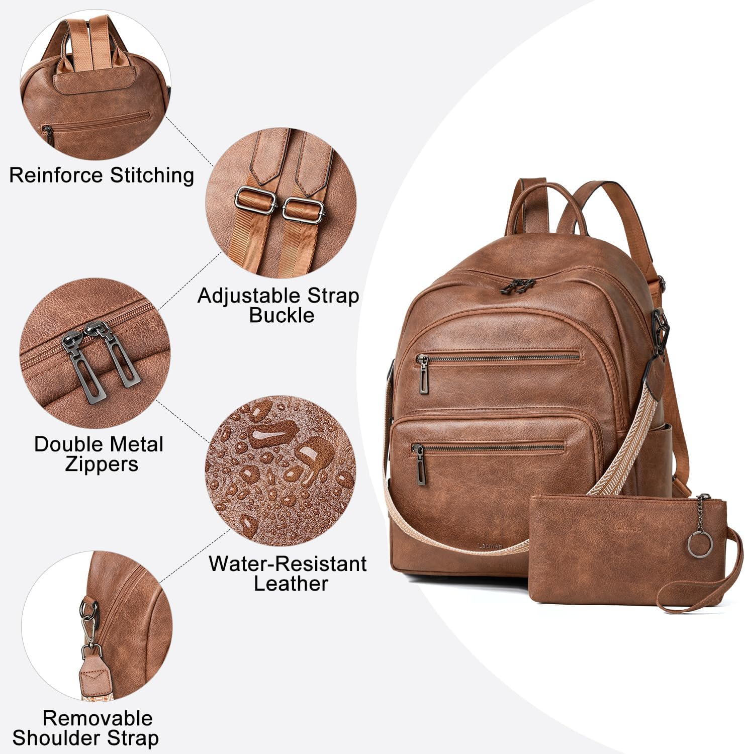 LATMAP Backpack Purse for Women Laptop Backpack, Leather Travel Backpack Shoulder Bag Teacher College Daypack Work Handbag fits 14" Laptop-Brown
