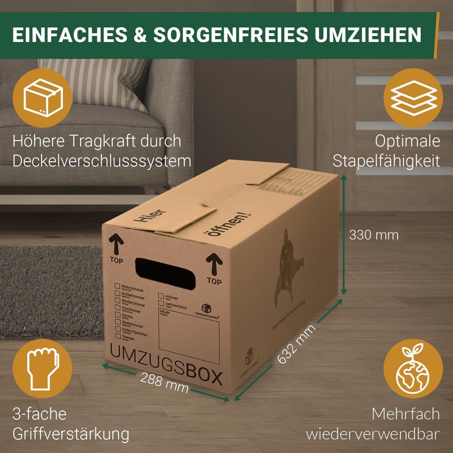 BB-Verpackungen 20 x Carton de déménagement Pro 600 x 328 x 340 mm (stable, cannelure double en papier recyclé, résistante aux charges jusqu'à 40 kg) - Sets entre 5 et 150 unités