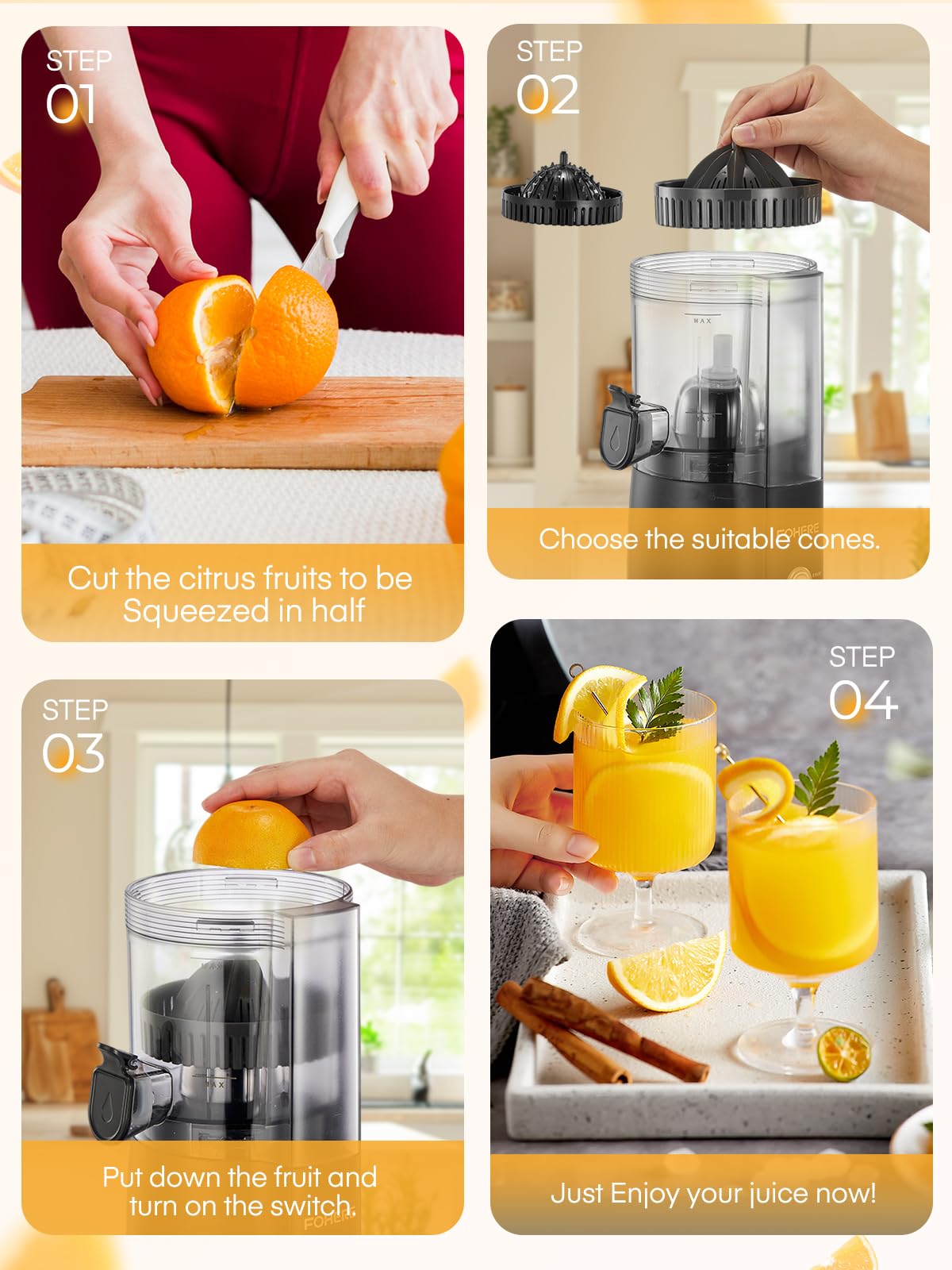 FOHERE Presse Agrumes Automatique Electrique Sans BPA, 2 Cônes Interchangeables, Puissant Moteur Silencieux de 100 W, Bec Anti-gouttes, Jus de Fruit Frais Rapide