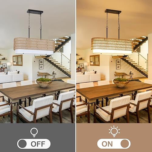 Miniatura 4 de HMVPL Candelabros de ratán para comedor, lámpara de comedor bohemia, lámpara colgante de cocina lineales de 5 luces con pantalla de tela, lámpara