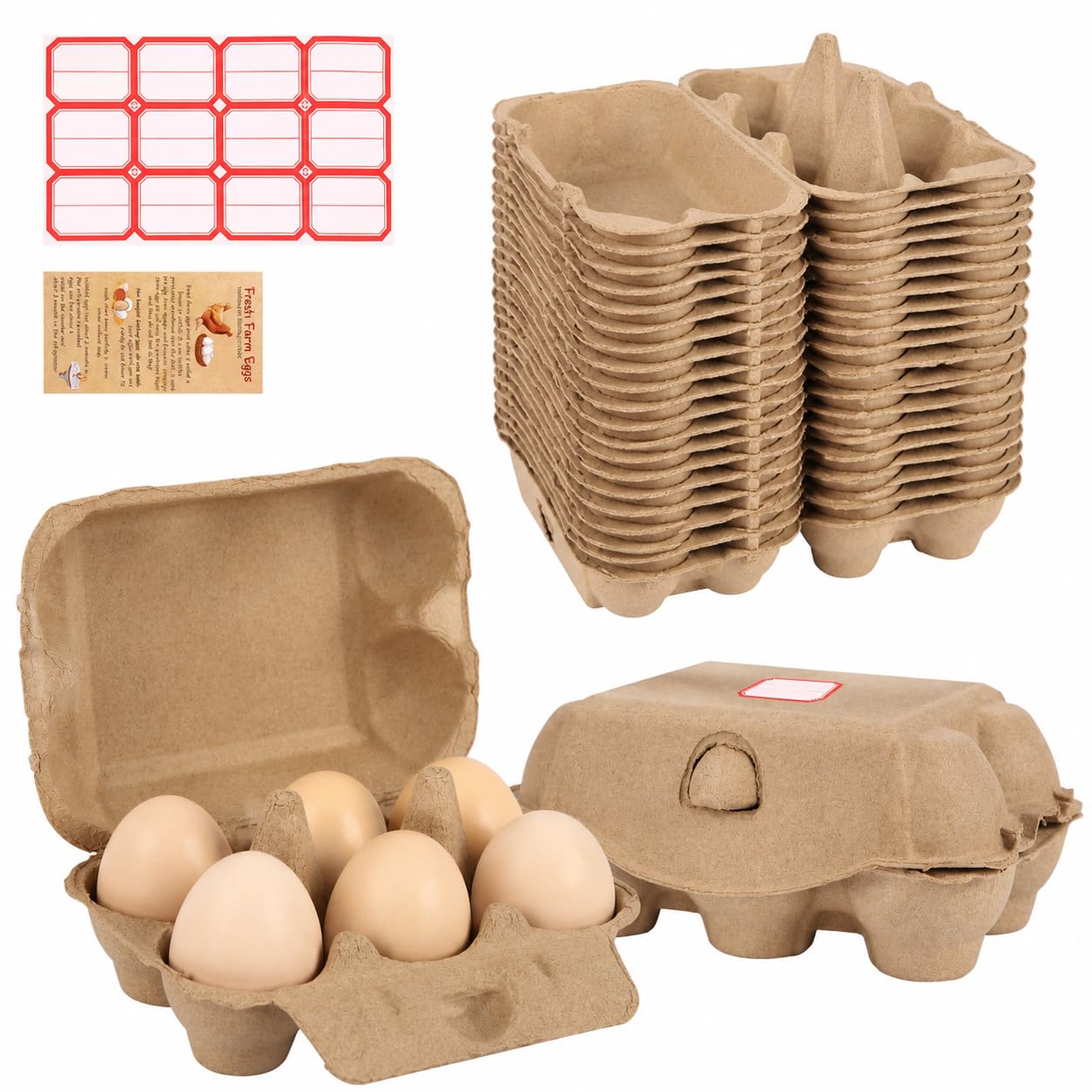 20 Pack Half Dozen Egg Cartons Bulk 6 Count, Empty Natural Paper Pulp Egg Cartons Reusable, Strong Sturdy Design Made from Natural Cardboard