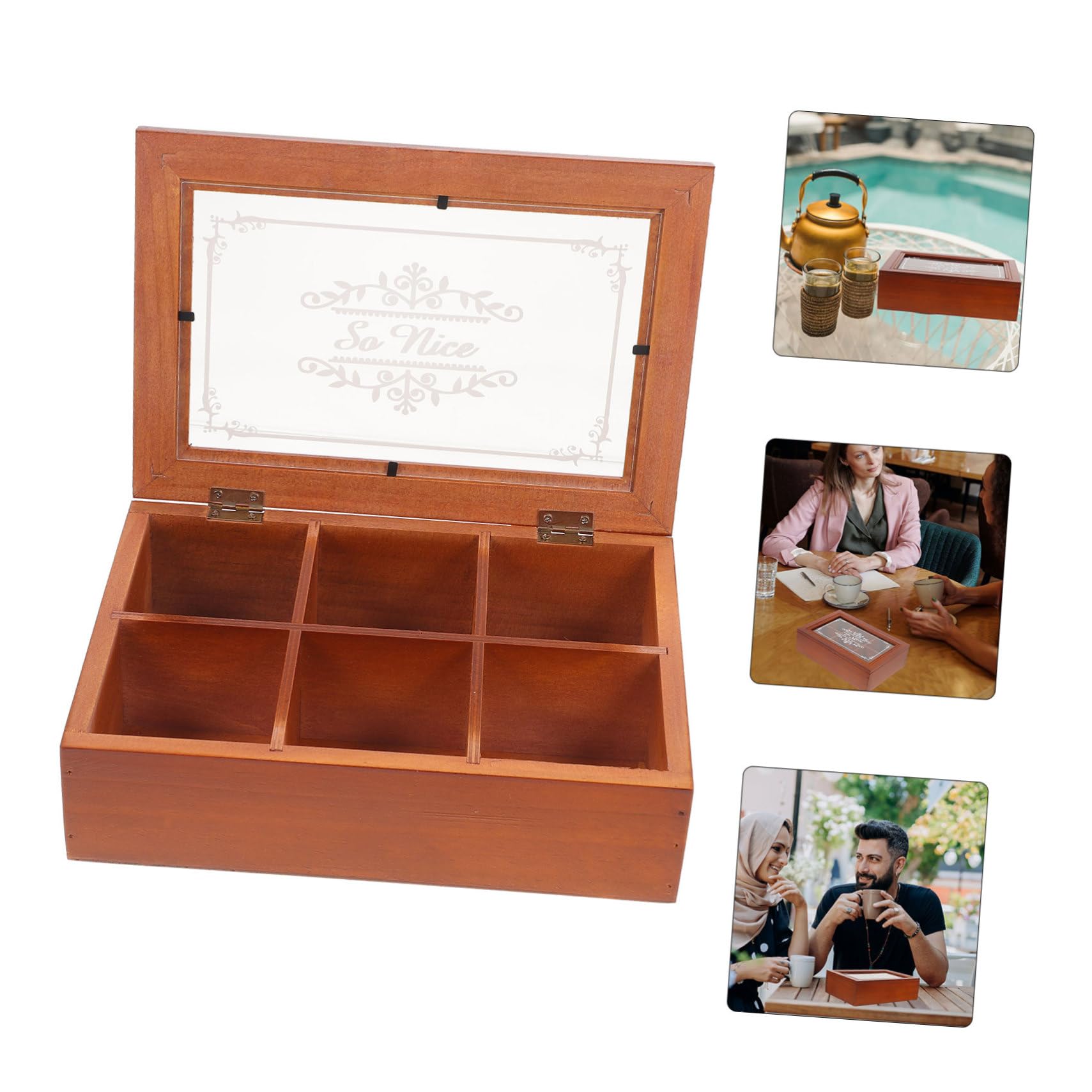 Mobestech Organizzatore Per Bustine Di Tè 6 Scomparti in Legno e Acrilico, Scatola Porta Bustine Da Scrivania Compatta Coperchio Trasparente, Contenitore Multifunzionale Per Cucina e Ufficio