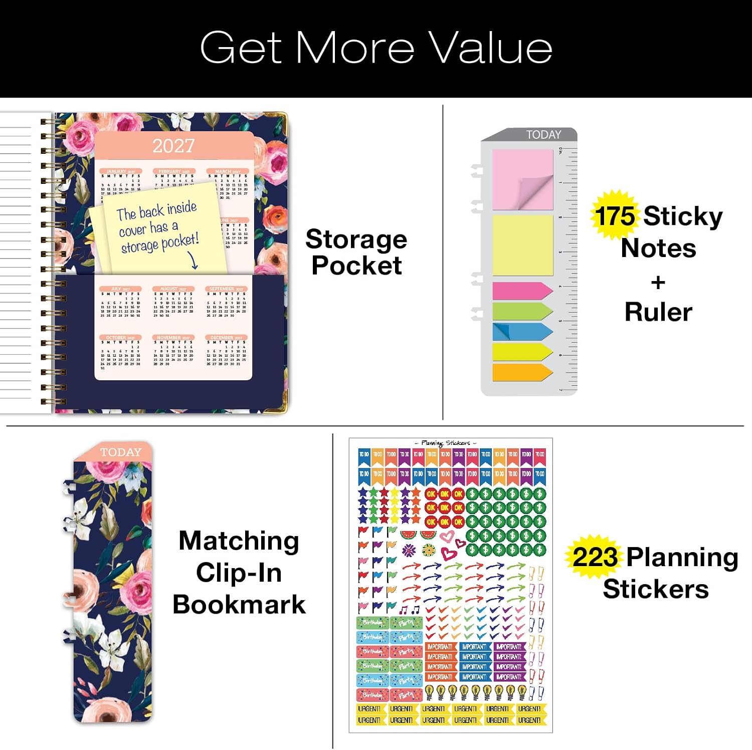 HARDCOVER Academic Year 2026-2027 Planner: 14 Months (May 2026 Through June 2027) 8.5"x 11" Daily Weekly Monthly Planner Yearly Agenda. Bookmark, Pocket Folder and Sticky Note Set (Small Navy Floral)