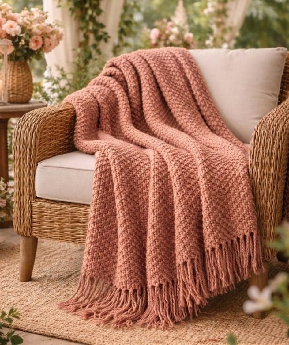 HOME Plaid coperta arredo 127x172 cm – Leggera e morbida – Per divano e poltrona – Stile elegante primavera estate - (Rosa Antico)