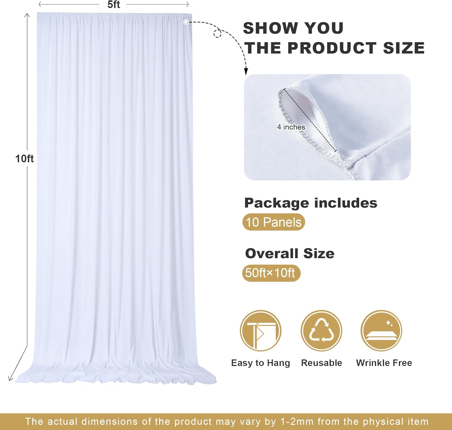50x10ft White Backdrop Curtains for Parties, 10 Panels 5x10ft Wrinkle-Free Polyester Background Curtains for Wedding, Birthday, Baby Shower,Graduation, Decorations