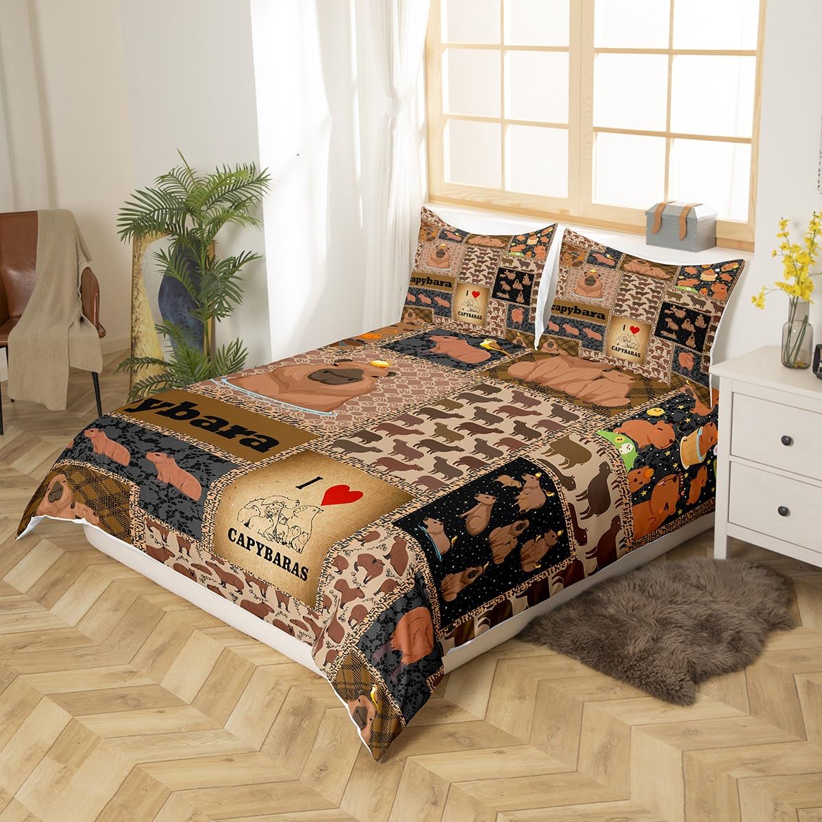 Loussiesd Brown Capybara Duvet Cover Cute Capybara Bedding Set for Kids Cartoon Capybara Comforter Cover Funny Cute Capybara Bedspread Cover Breathable Bedding Collection 3Pcs King - Image 4