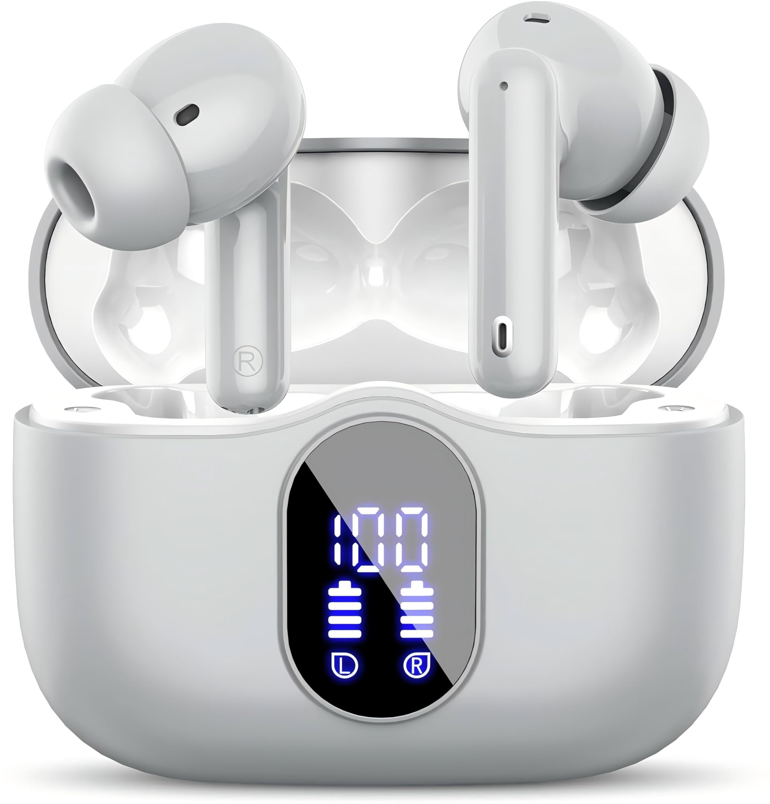Wireless Earbuds, Bluetooth 5.4 Headphones Bass Stereo, Ear Buds with Noise Cancelling Mic, IP7 Waterproof in Ear Earphones, 36H LED Display Bluetooth Earbuds for Laptop Pad Phones Sports, GreyCarbonfree Certified