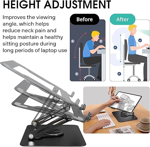 Miniatura 3 de Soporte giratorio para portátil de 360, soporte ajustable para computadora de escritorio, elevador ergonómico para laptop, soporte plegable y