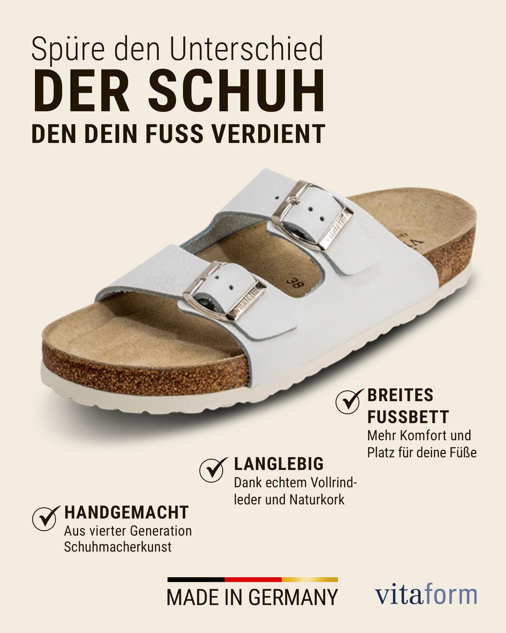 VITAFORM Pantoletten Unisex Weite H Vollrindleder | Arbeitsschuhe, Hausschuhe, Sommerschuhe, Pantoffeln, Naturkork-Fußbett, Komfortweite H, Größe 35-50, Handmade in Germany