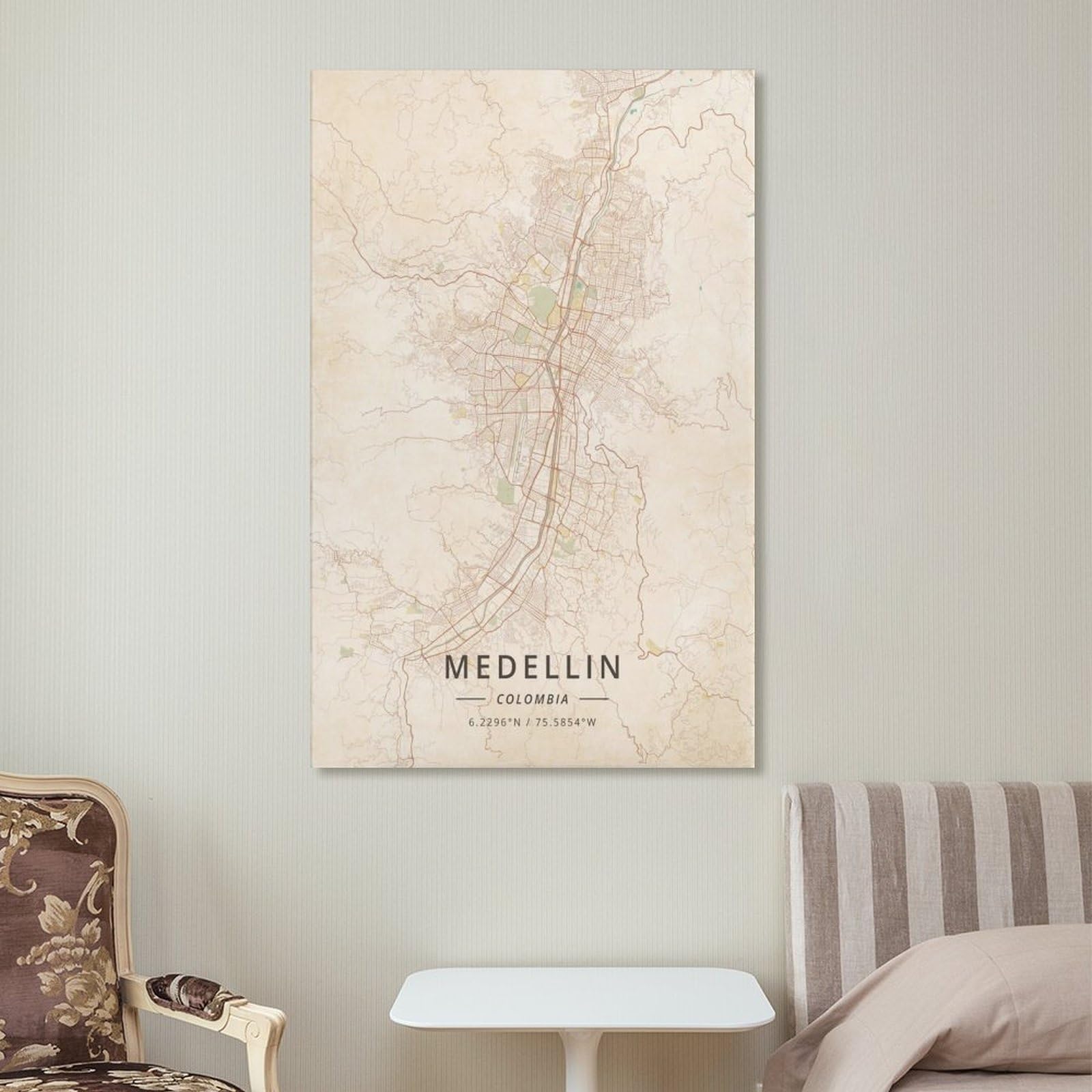 LZTEN Póster de mapa de Medellín Colombia con impresión vintage en lienzo, arte de pared, dormitorio, oficina, habitación, regalo, sin marco, 60 x 90 cm