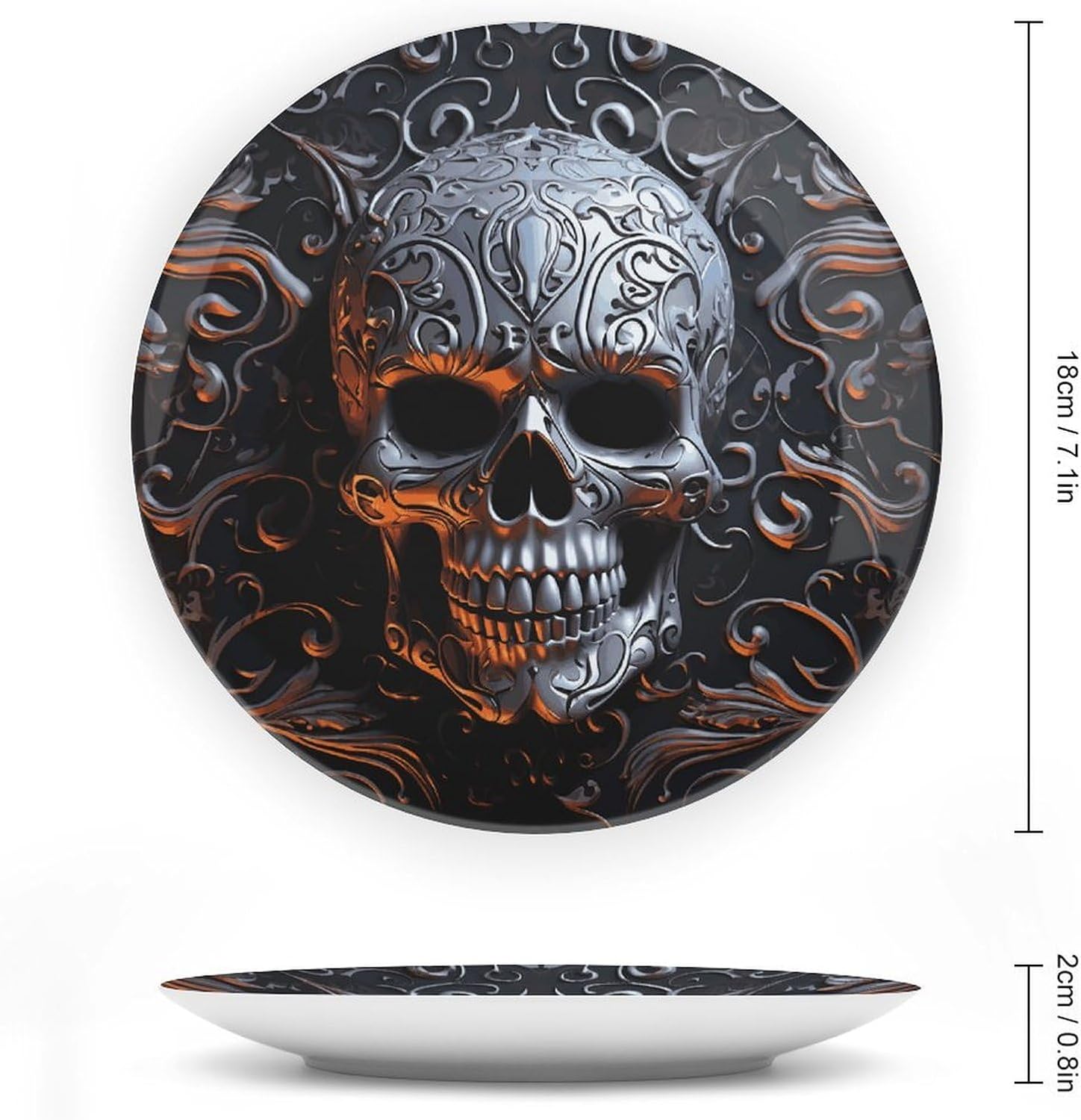 Cool Skull Graphics Ceramic Plate 10inch Decorative Bone China Wall Hanging Ornament Plates Bohemian Style Dinner Plate with Display Stand Cabinet Display Plates for Home Art Decor