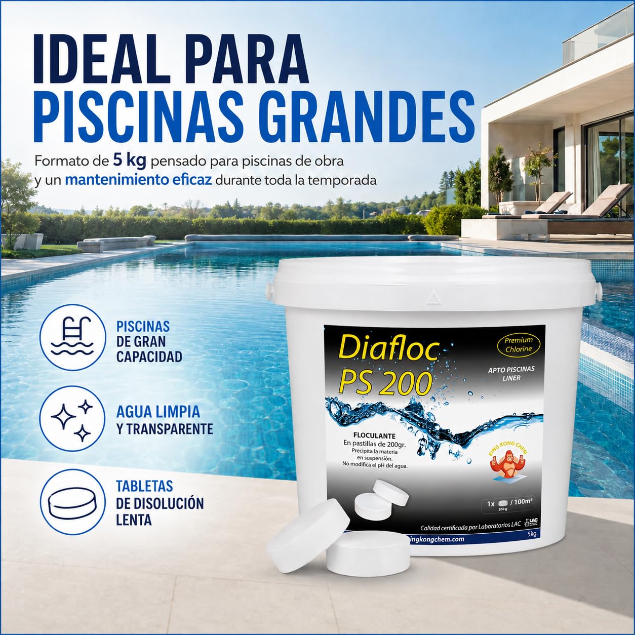 DIASA INDUSTRIAL Floculante en Pastillas 200 gr DIAFLOC PS 200-5 KG - Clarificante Piscinas Grandes - Elimina particulas en suspensión - Apto Piscinas Liner