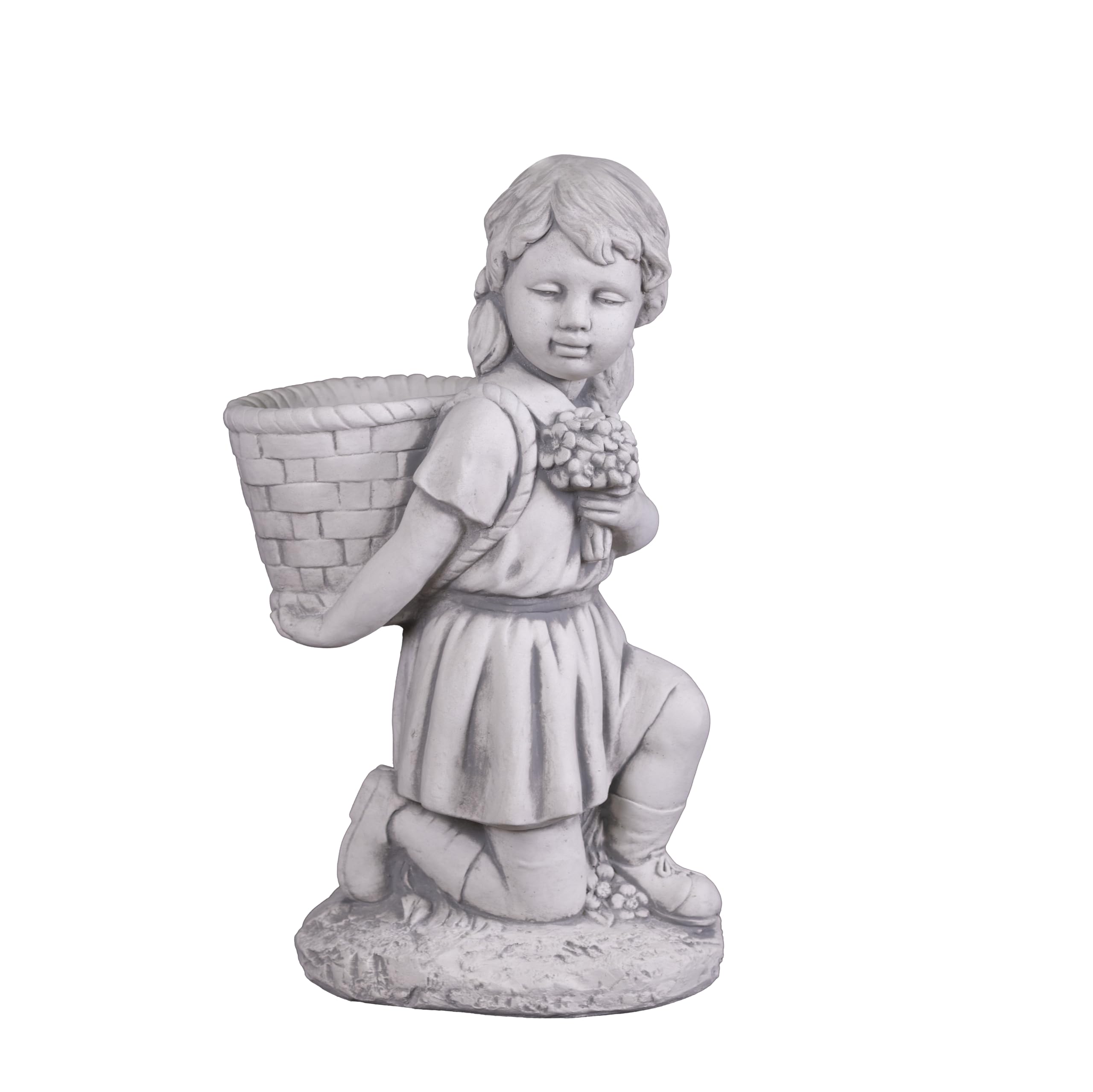 gartendekoparadies.de Gartenfigur Mädchen mit Pflanzkorb, 55 cm Höhe, 25 kg, Grau, Steinguss, frostsicher für Außenbereich