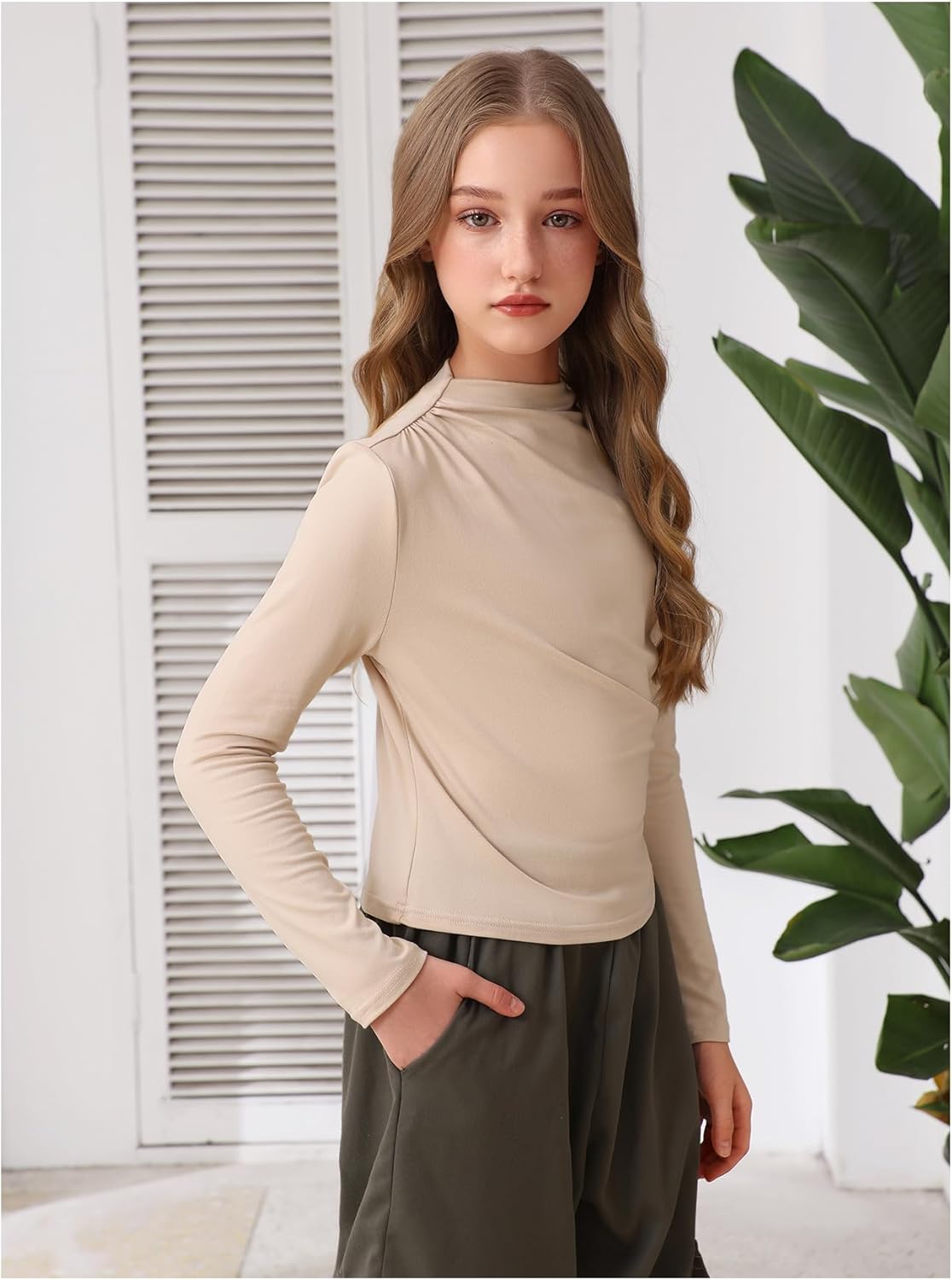 SweatyRocks Girl's Ruched Mock Neck T Shirts Basic Long Sleeve Tee Shirt Tops Fall Clothes - Image 7