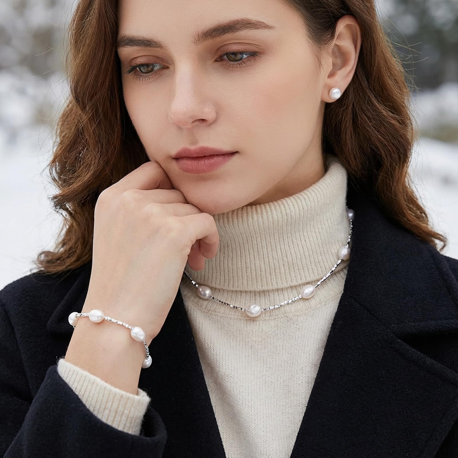 YAMI Barockperlenkette Set mit Bruchsilber Elementen (Halskette+Armband +Ohrringe), 8-9mm Salzwasserperlenkette, Perlenohrringe Silber 925, Perlenschmuck Set Damenschmuck für Jeden Anlass
