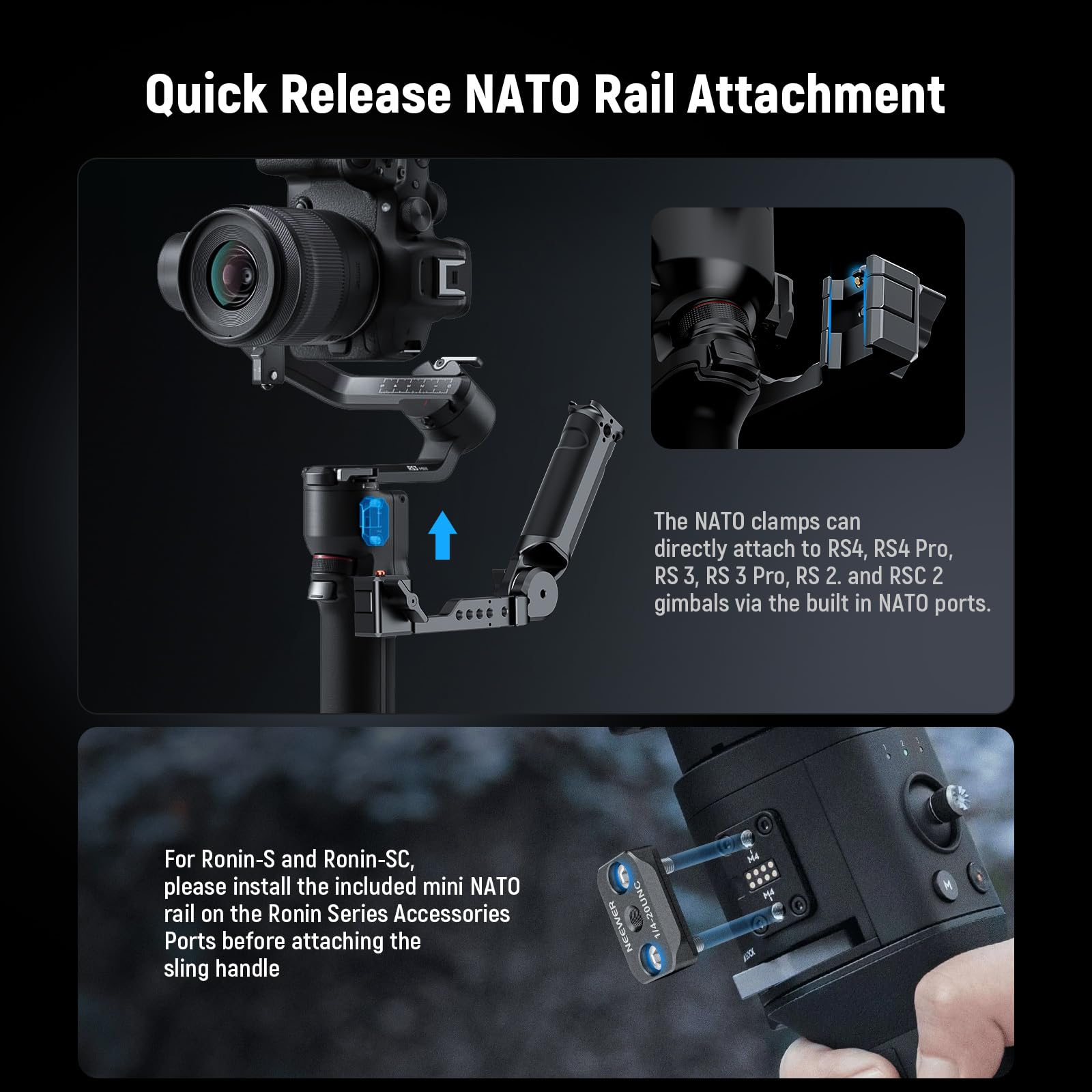 NEEWER RS4 RS3 Adjustable Gimbal Sling Handle Grip with NATO Rail - Image 3