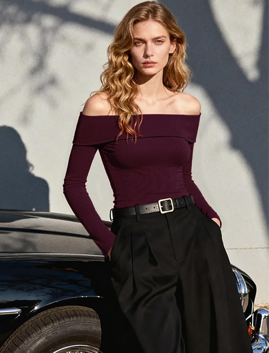 Women’s Off Shoulder Long Sleeve Ribbed Tops Fitted Basic Shirts Soft Stretch Slim Going Out Tops - Image 6