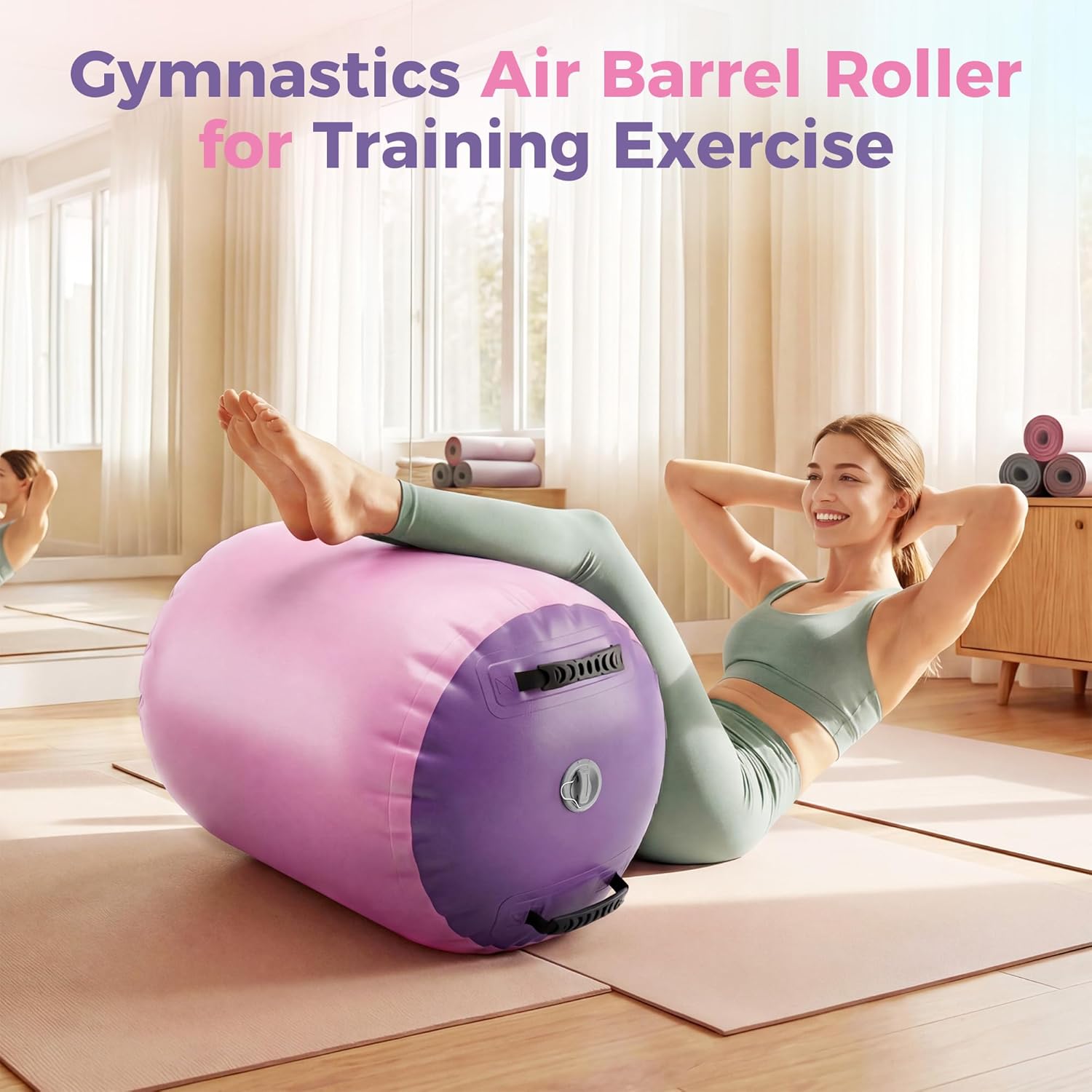 Inflatable Gymnastics Air Roller Barrel, Gymnastics Air Roller Air Barrel Inflatable Tumbling Mat, Tumble Track Backhandspring Mat Gymnastic Equipment for Yoga Training Cheerleading Home Use, 20in x 20in x 31in, Pink