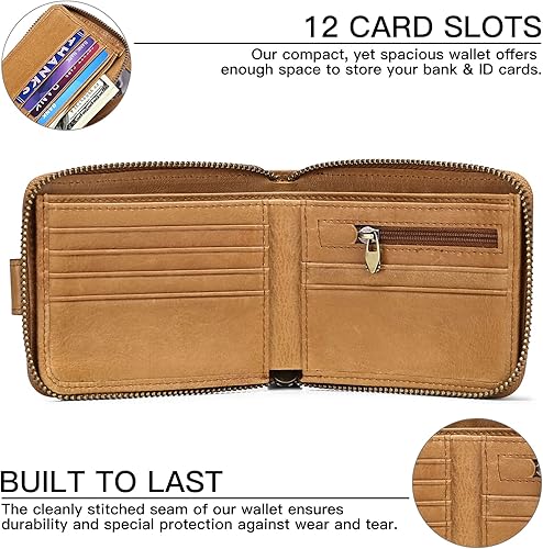 Miniatura 3 de GOIACII Cartera con cremallera para hombre, de piel auténtica, con bloqueo RFID, con cremallera, bolsillo para monedas, para identificación, con