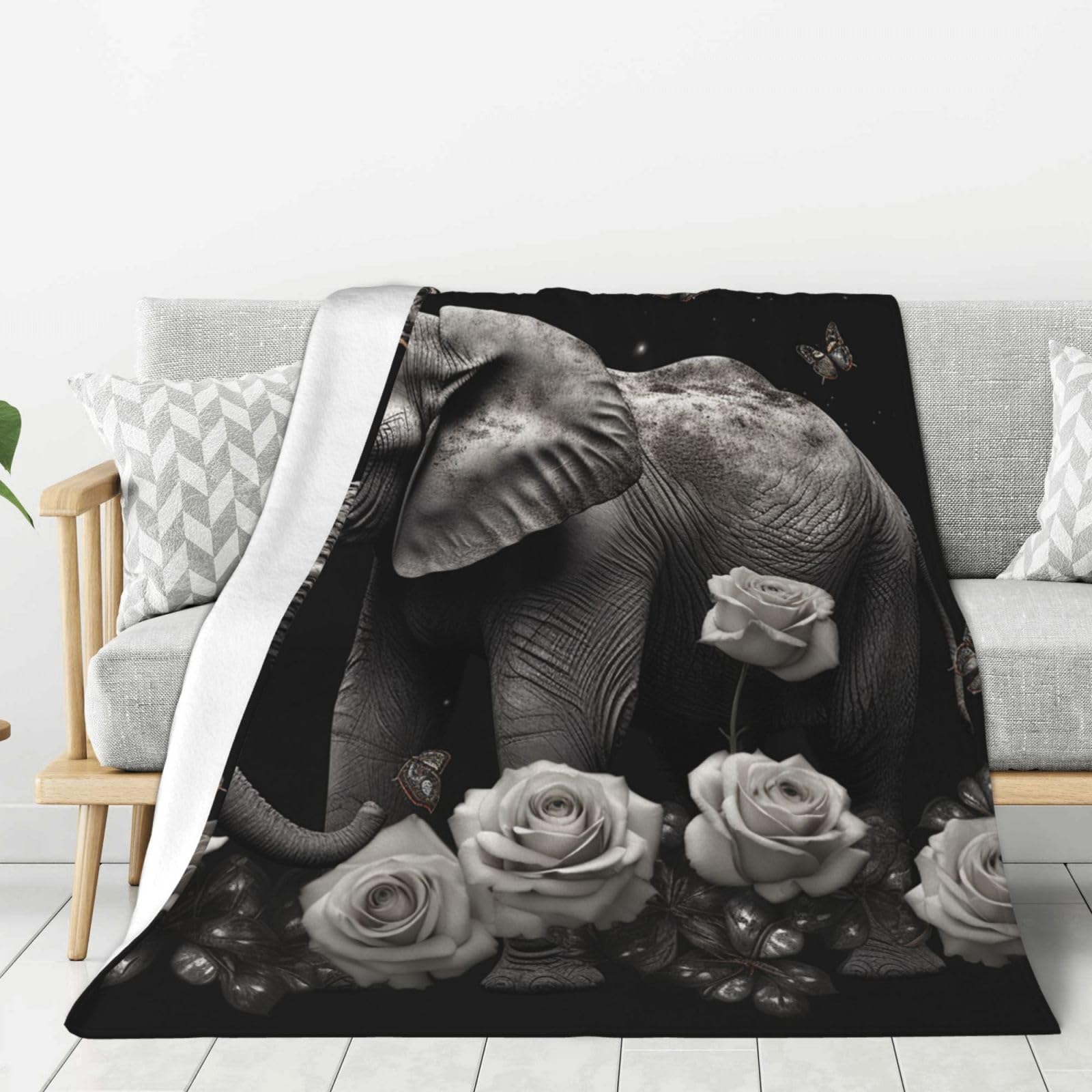Elephant and Butterfly Throw Blanket Plush Flannel Fleece Blanket, Soft Lightweight Cozy Blankets 60"X50" for Bed Couch Sofa Travel