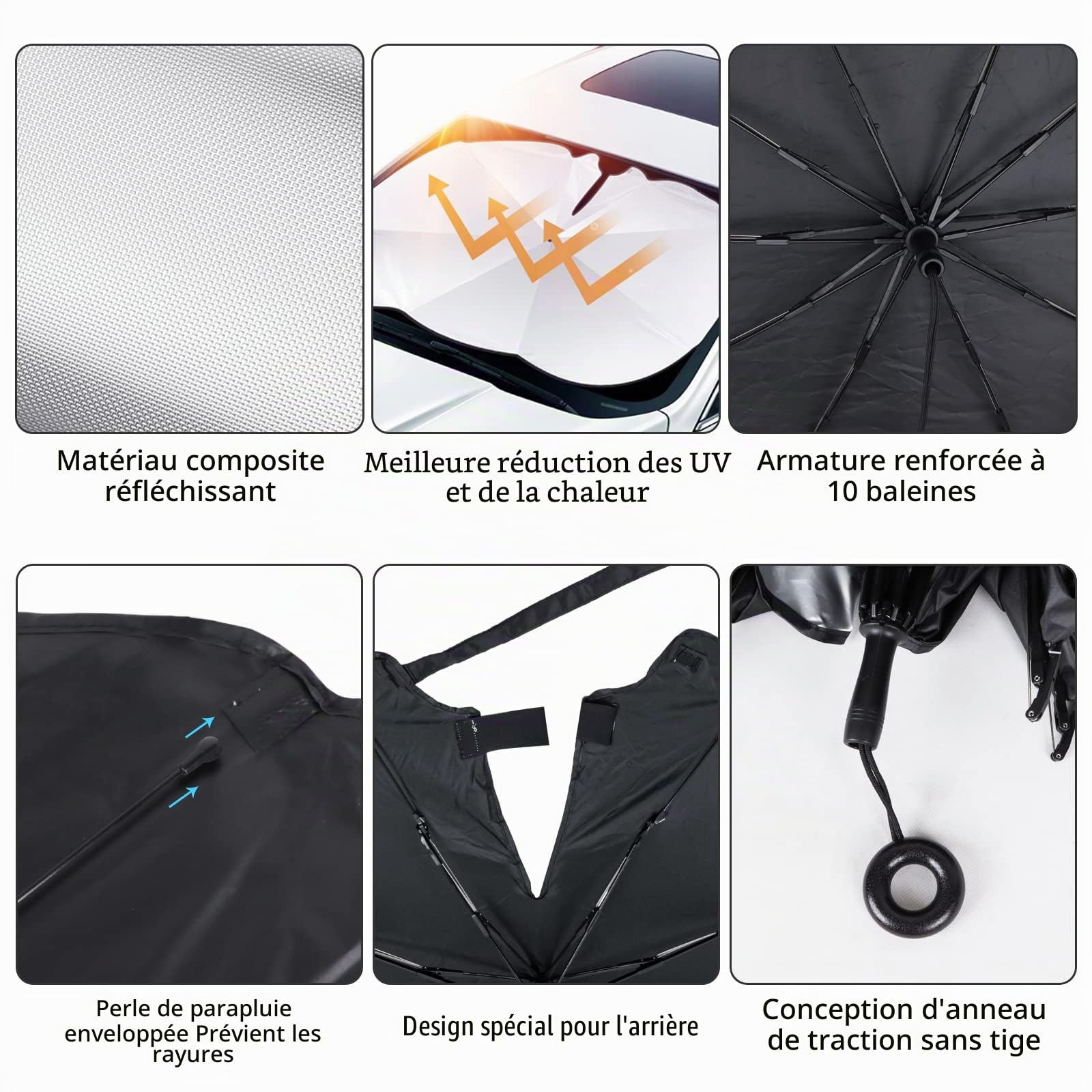 Pare-Soleil Voiture Pare-Brise Avant, 140x80 cm Grande Taille,Protection UV & Anti-Chaleur Pliable Anneau de Traction à Corde noireavec Découpe pour Rétroviseur– Idéal pour SUV et pour Voiture