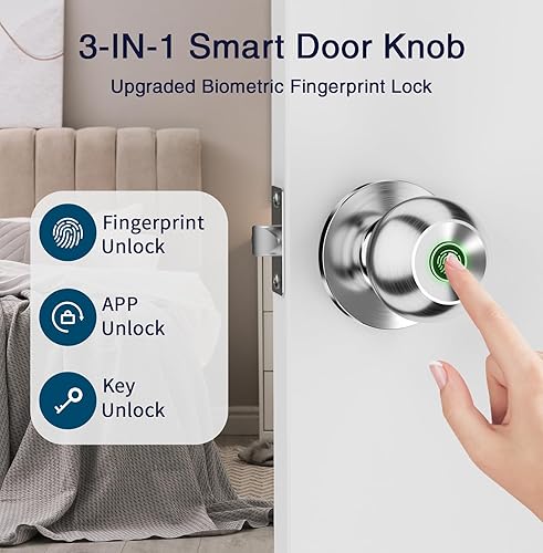 Miniatura 2 de GHome Smart Perilla de puerta con huella dactilar, cerradura inteligente recargable, cerradura de puerta biométrica electrónica para dormitorio,