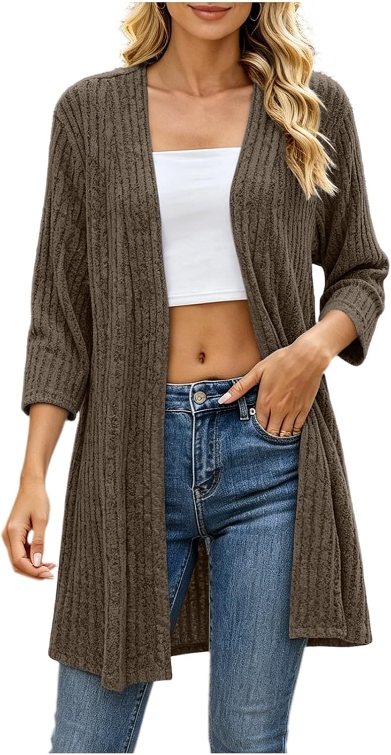 Long Ribbed Cardigan for Womens 3/4 Sleeve Open Front Loose Fit Blouse Trendy Fall Winter Casual Layering Tops
