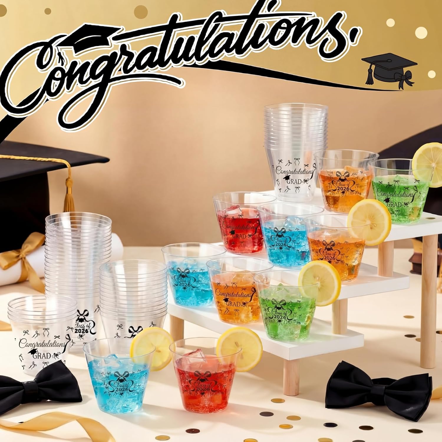 Hushee 60 Pcs Black Bow Plastic Graduation Cups 9 oz Class of 2026 Disposable Graduation Cups Sturdy Hard Plastic Material for Coquette Congrats Grad Drinking Cup Elegant Party Supplies Decorations