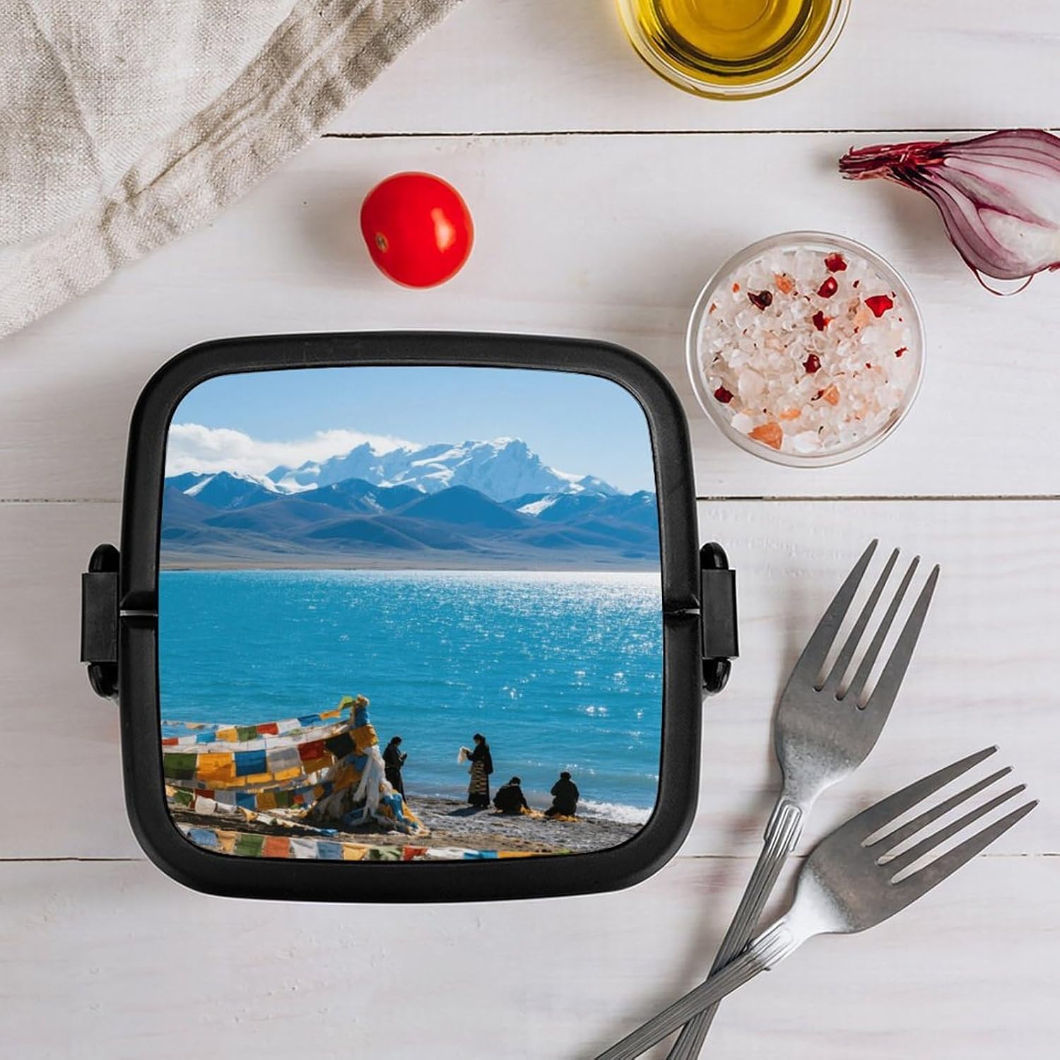 Namtso Lake Bento Box Double Layer Lunch Box for Adults with Spoon And Handle Bento Boxes Leakproof One-piece Stackable Lunchbox for Work Picnics And Travel