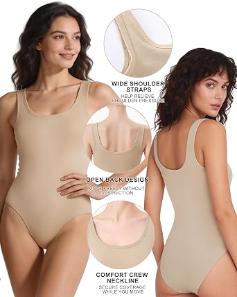 Nude Dance Leotard for Women, Beige Sleeveless Ballet Bodysuit with Scoop Neck for Gymnastics, Yoga, Performance
