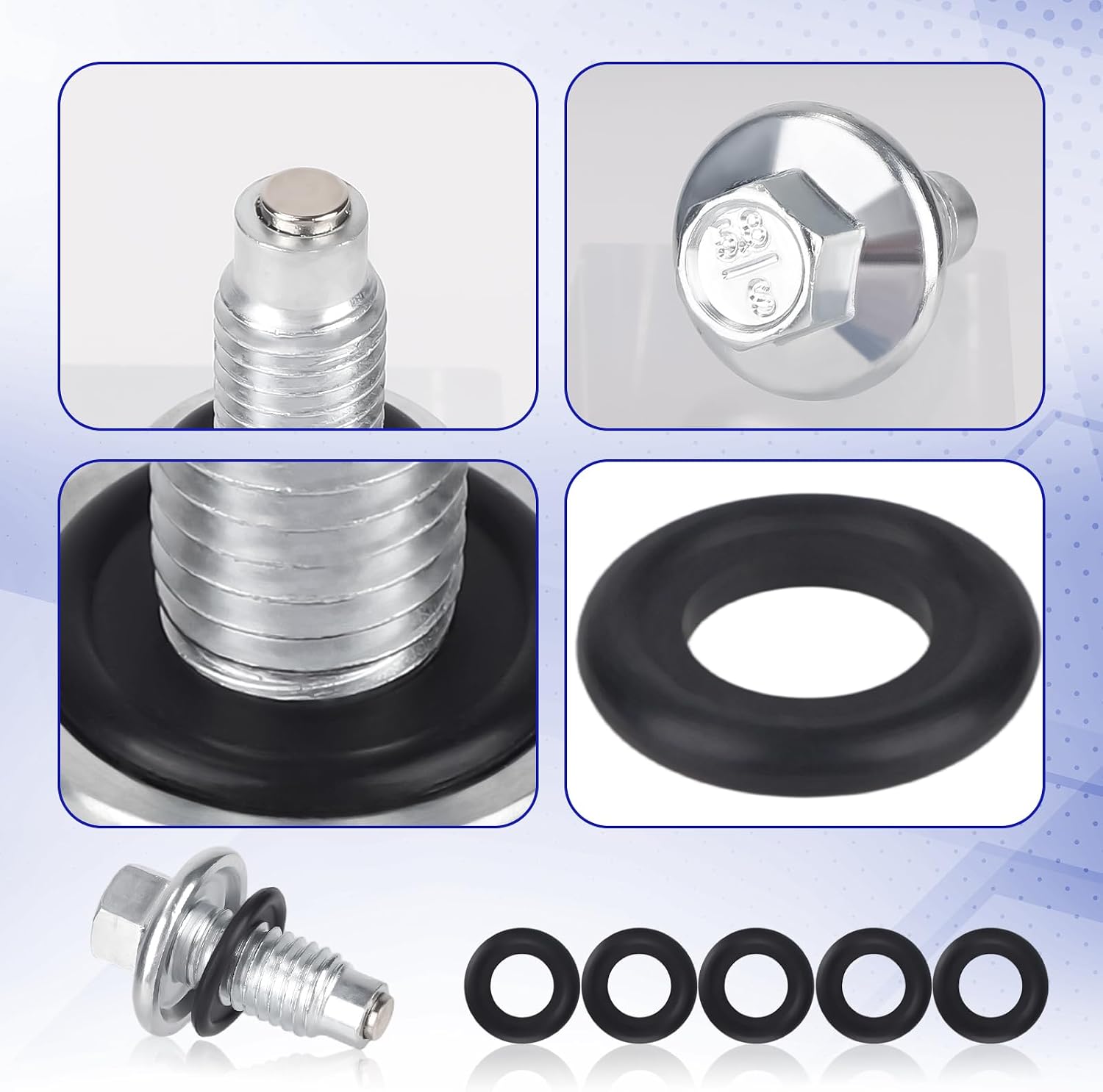 Magnetic Oil Drain Plug Kit, Steel Engine Oil Pan Sump Bolt with 5 Rubber Crush Washers Gasket Universal Engine Replacement Parts Set for Car Motorcycle Boat Truck