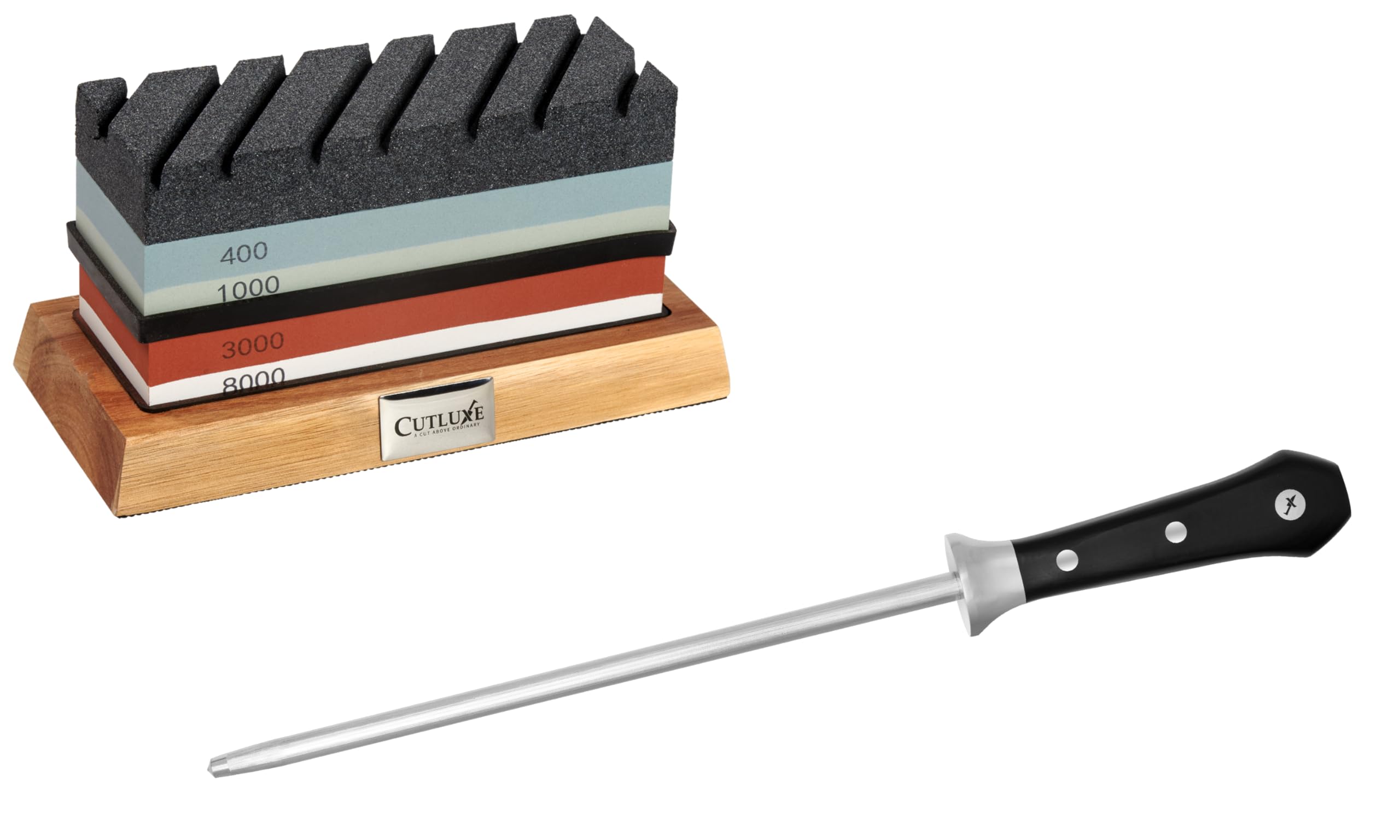 Cutluxe Honing Rod with Ergonomic Handle – Artisan Series – Complete Sharpening Stone Kit – Includes Whetstone, Non-Slip Acacia Wood Base, Angle Guide, Flattening Stone, and Leather Strop