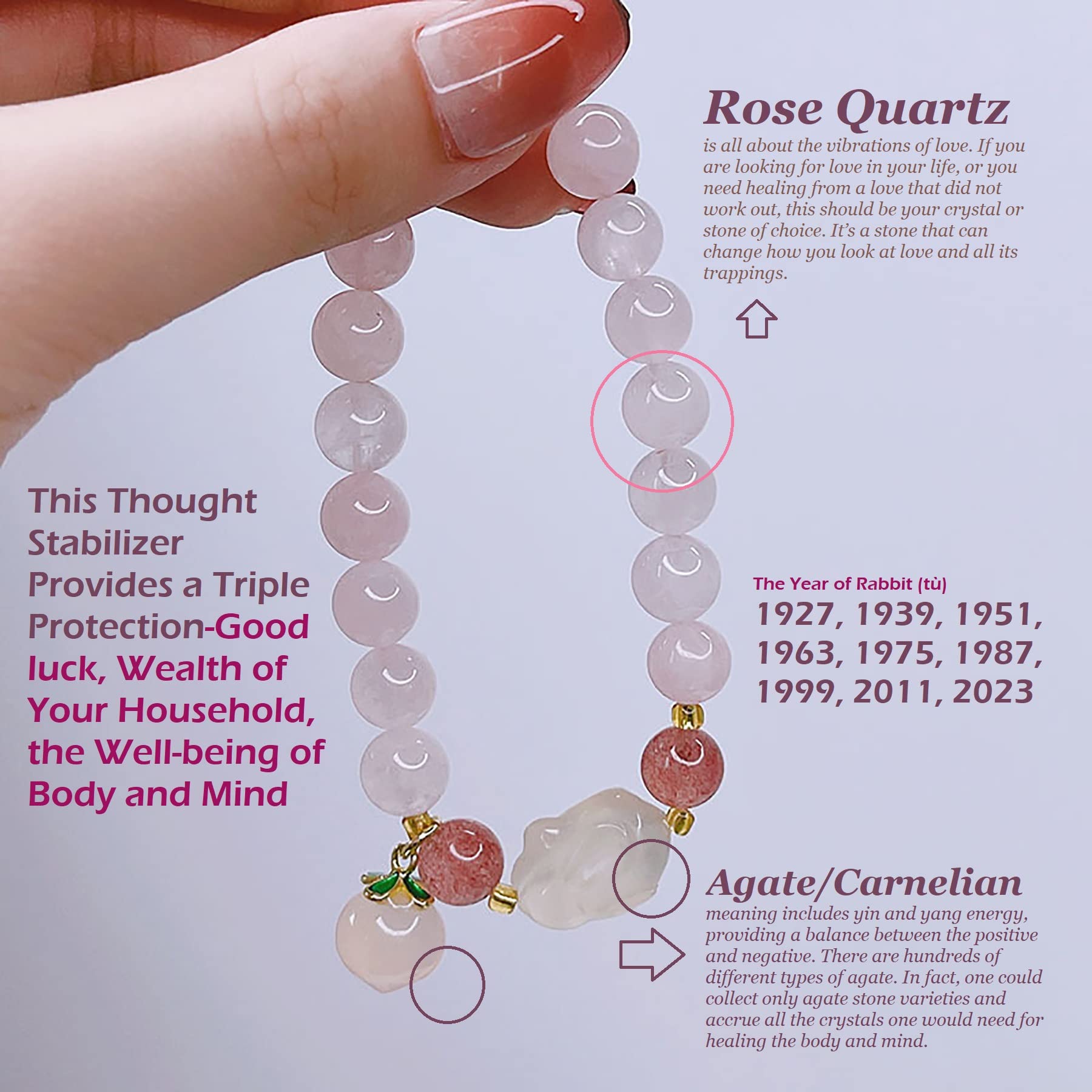 Bracciale Feng Shui, Bracciale in Quarzo Rosa Bracciale MultiWealth 8 mm Rosa Pesca Coniglio Corniola Bianca Talismano per Il Chakra del Coniglietto Amuleto per Amore Prosperità