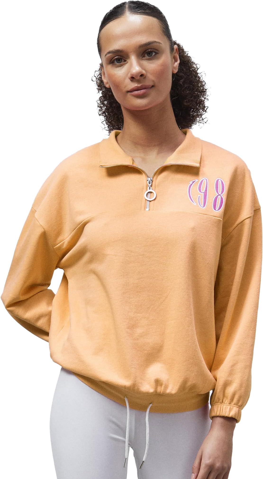 – Womens Half Zip High Neck Embroidery Sweatshirt - Oversized, Long Sleeve with Drop Shoulder, Drawstring Waistband, and Beautiful Patch Embroidery