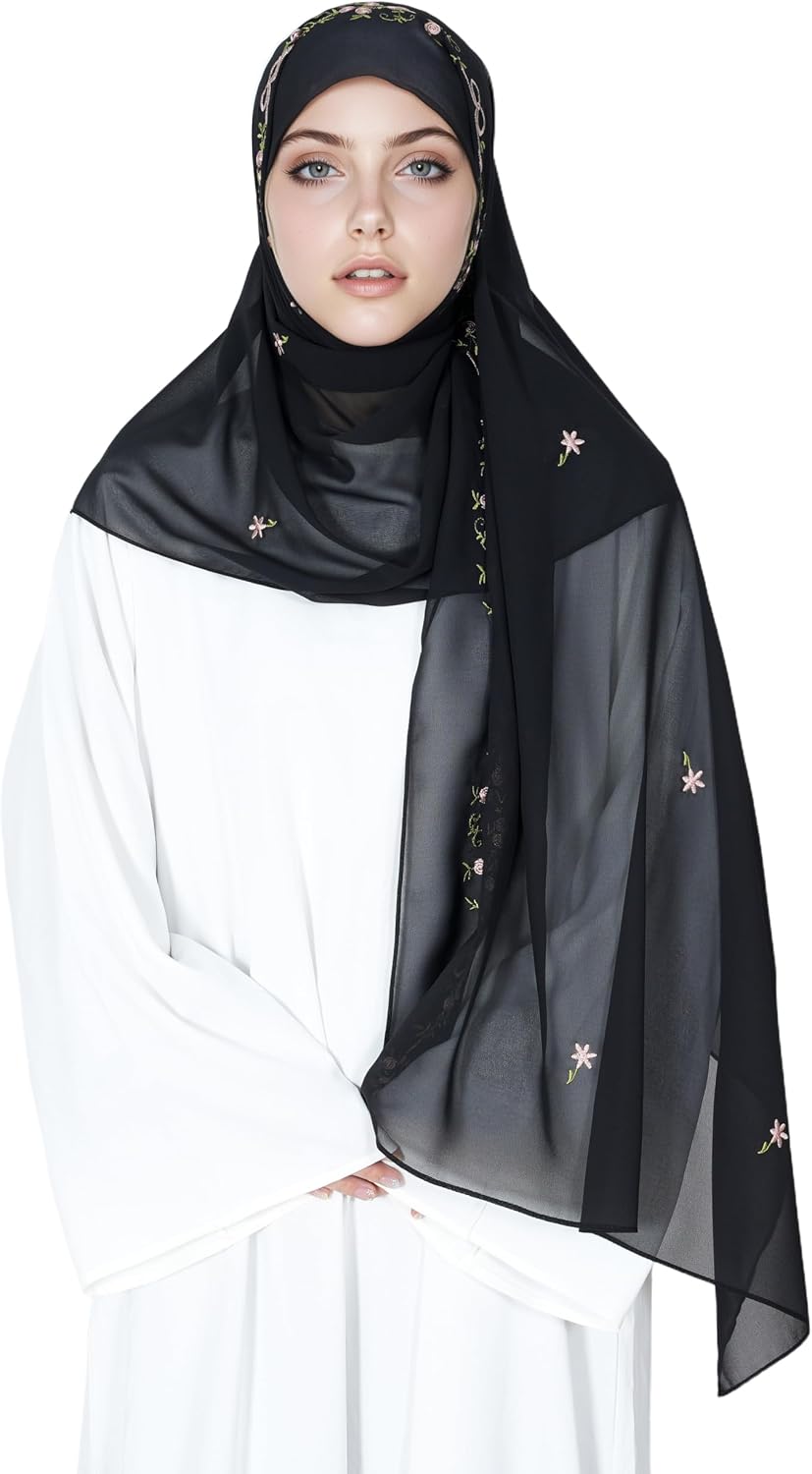 Embroidery Hijab for Muslim Women Solid Color Khimar Floral Chiffon Hijab One Size Modest Islamic Headscarf