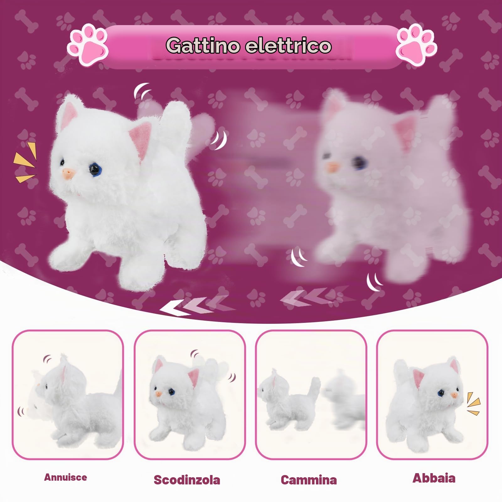 Gatto Giocattolo di Peluche con Guinzaglio che Miagola e Cammina,Interattivo Elettronico Animali Domestici Giocattoli Gatto, Giocattolo Interattivo Include 20 Accessori per bambini 3 4 5 6 7