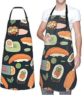 GFLFMXZW Apron for Women Men Waterpoof Aprons Sushi Food Pattern Adjustable Bib Work Aprons for Dishwashing