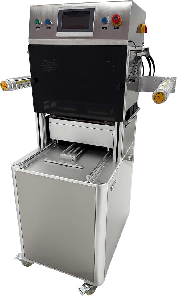 INTSUPERMAI Vertical Automatic Tray Sealer, PLC Touch Screen Commercial Food Container Sealer, Stainless Steel Double Station Lunch Box Sealing Machine for Catering Central Kitchen 220V